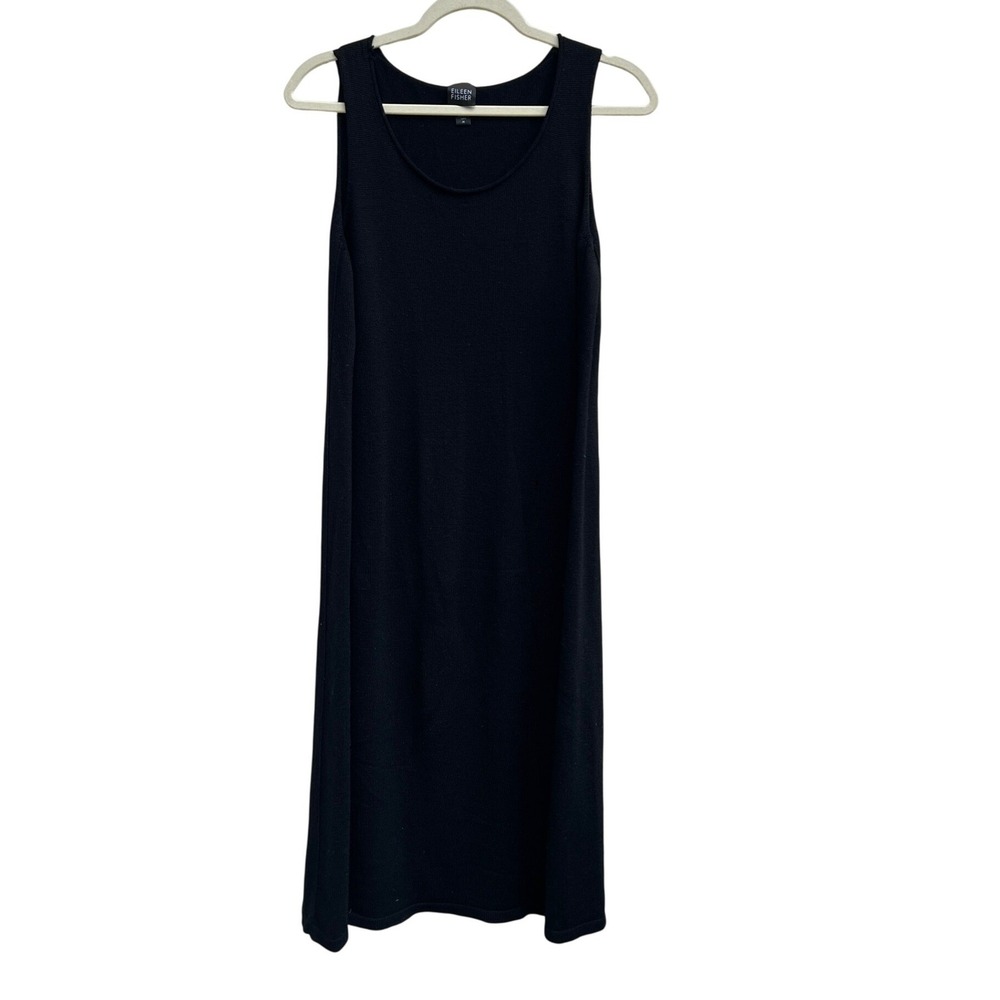 Eileen Fisher Midi Knit Sweater Dress M Black Merino Wool Italian Midi Luxury